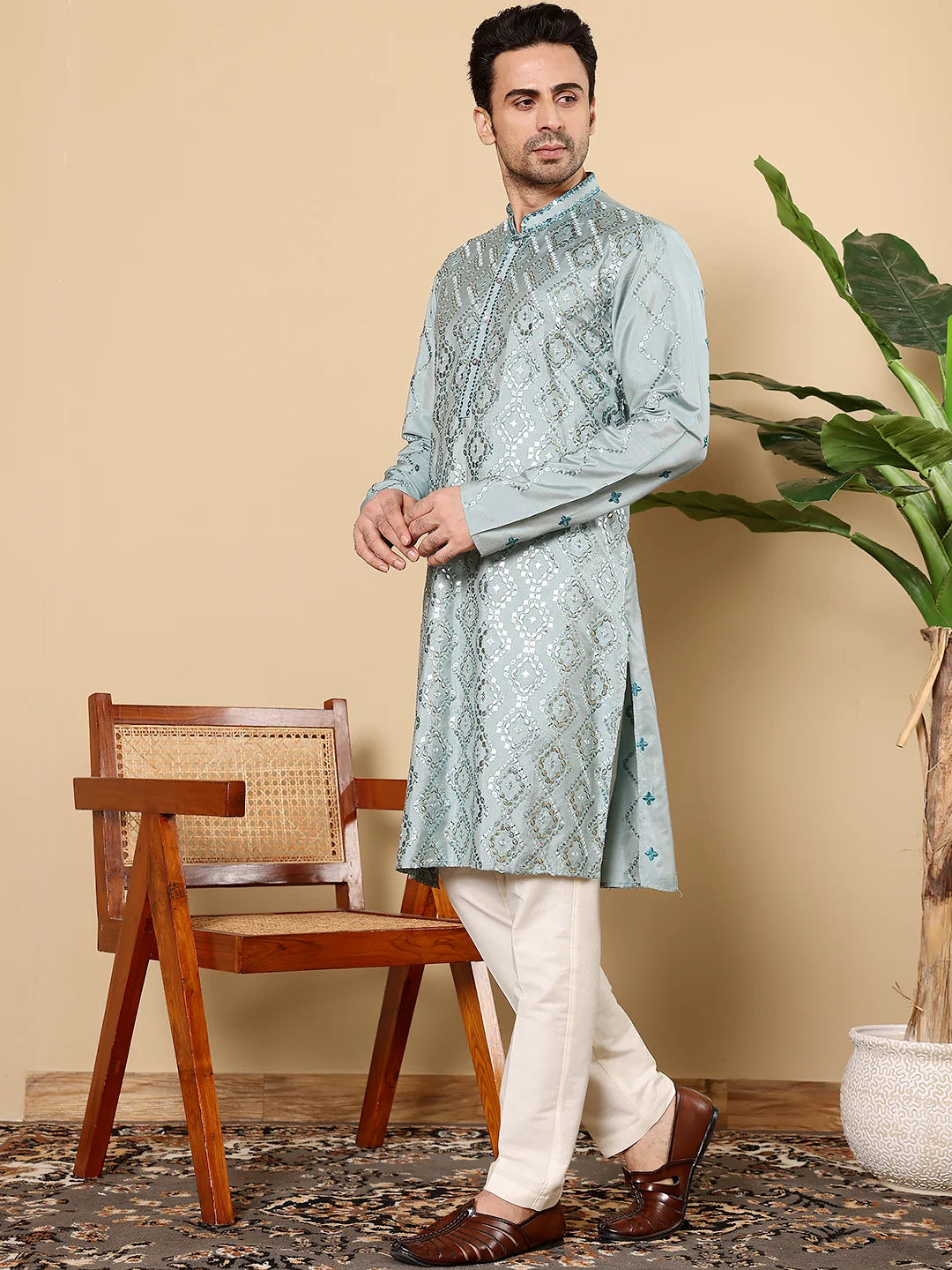 Men's Blue Straight Viscose Silk Kurta with Embroidered Neckline and Motifs,Cream Solid Trouser Style Churidar