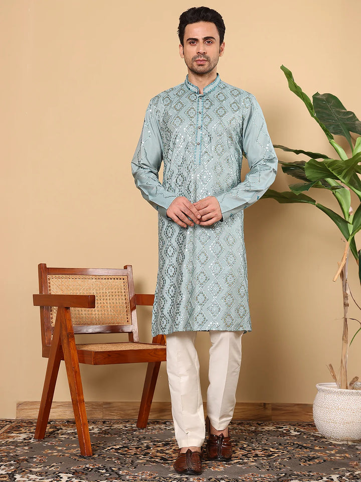 Men's Blue Straight Viscose Silk Kurta with Embroidered Neckline and Motifs,Cream Solid Trouser Style Churidar
