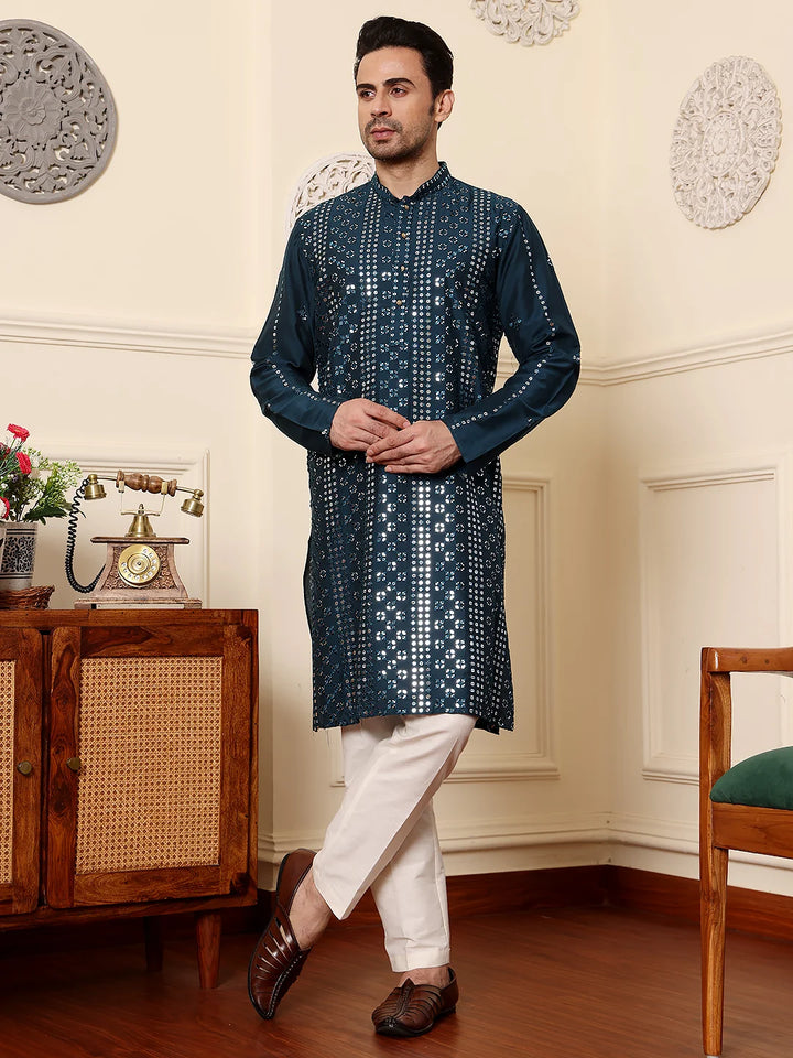 Men's Dark Blue Straight Viscose Silk Kurta with Embroidered Neckline and Motifs,Off White solid trouser style churidar