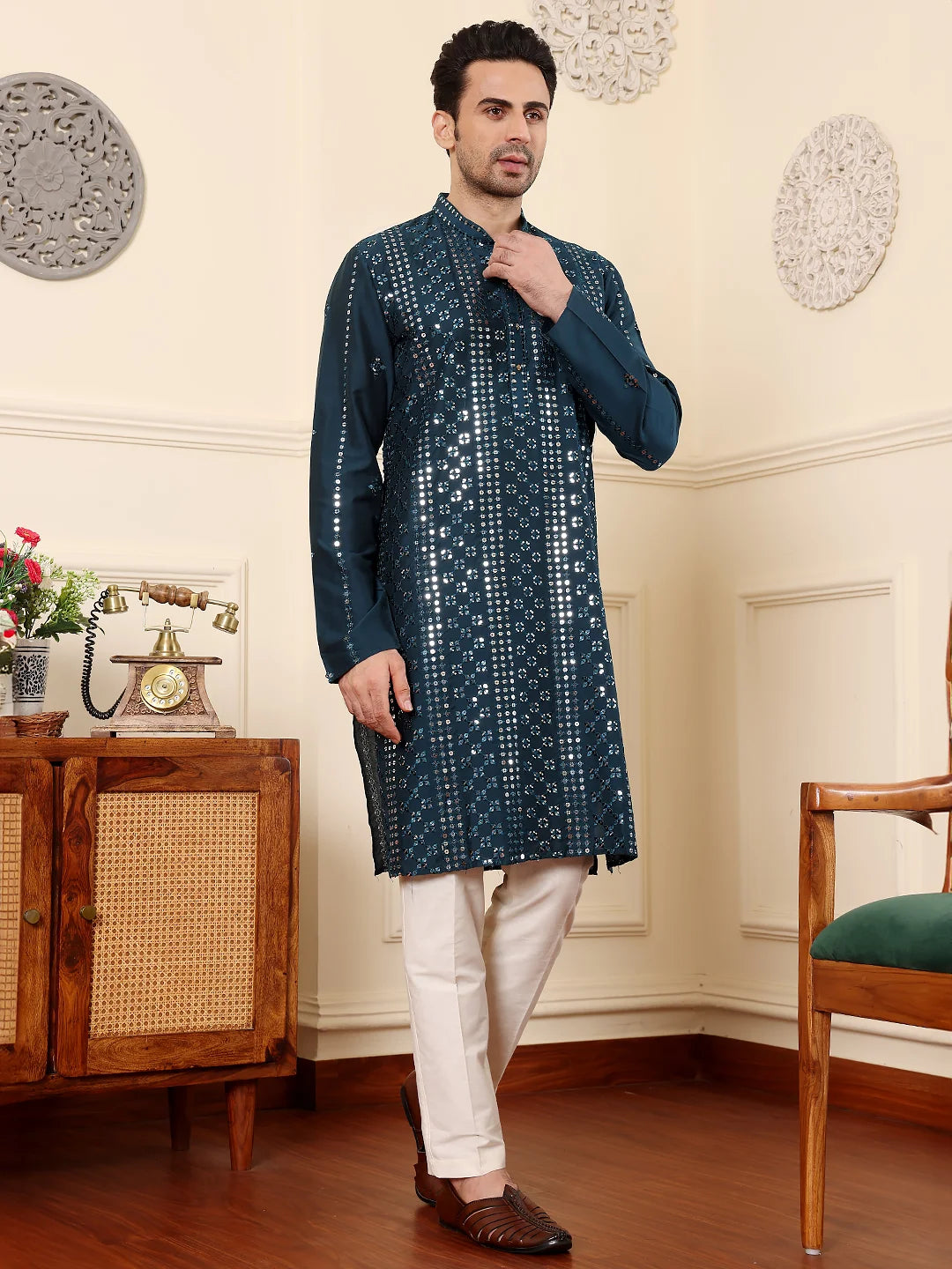 Men's Dark Blue Straight Viscose Silk Kurta with Embroidered Neckline and Motifs,Off White solid trouser style churidar
