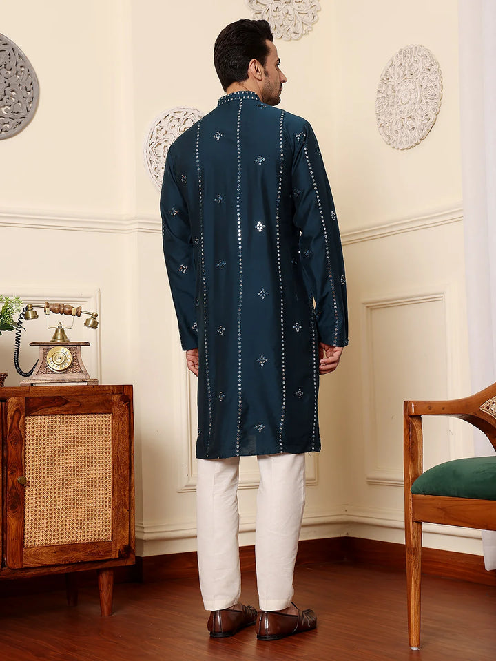 Men's Dark Blue Straight Viscose Silk Kurta with Embroidered Neckline and Motifs,Off White solid trouser style churidar