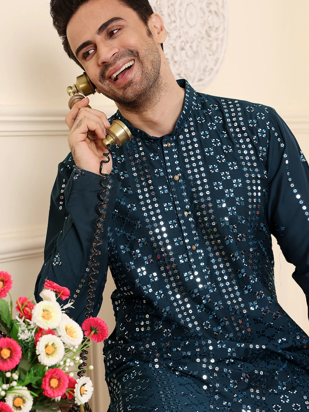 Men's Dark Blue Straight Viscose Silk Kurta with Embroidered Neckline and Motifs,Off White solid trouser style churidar