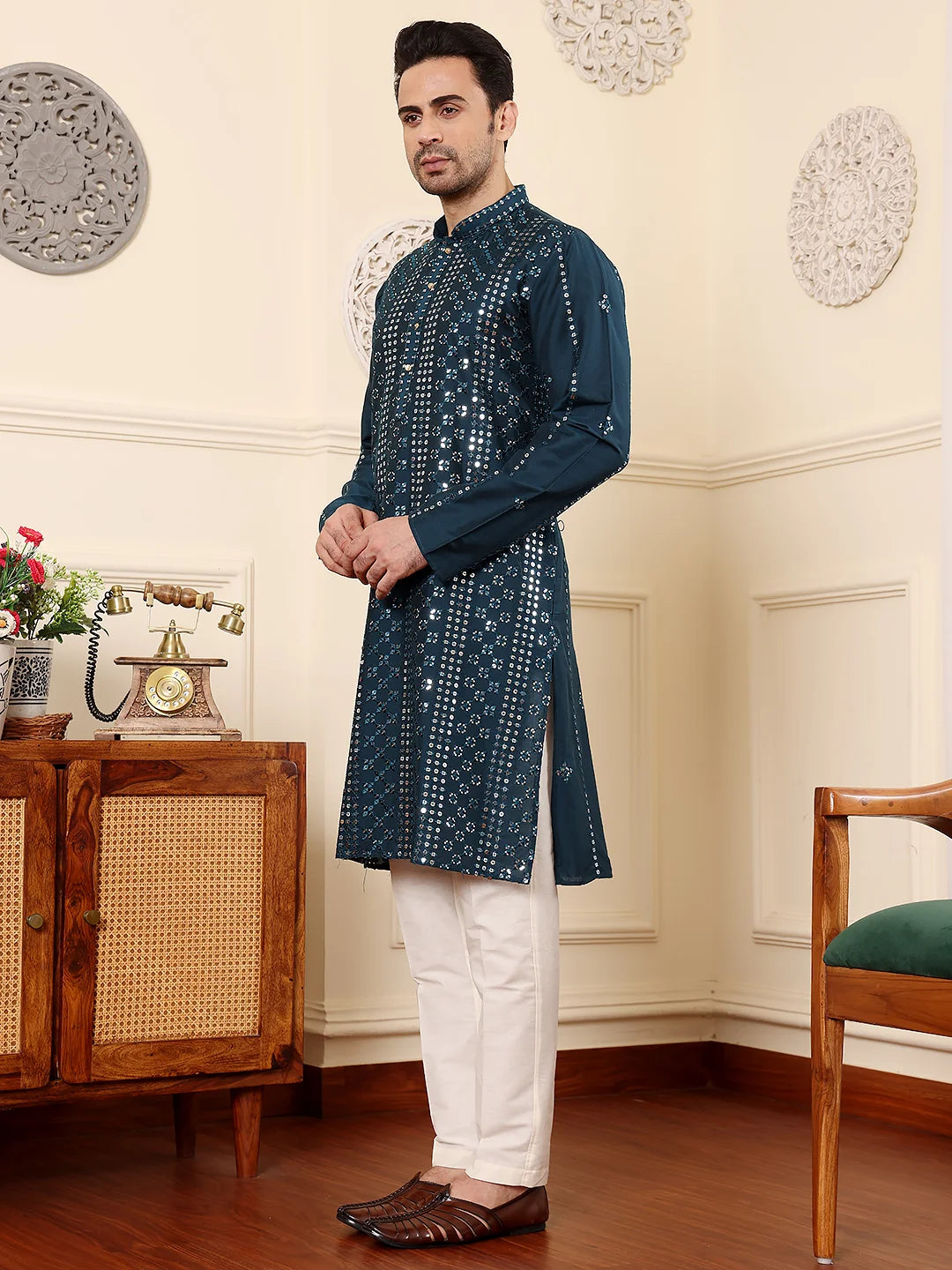 Men's Dark Blue Straight Viscose Silk Kurta with Embroidered Neckline and Motifs,Off White solid trouser style churidar