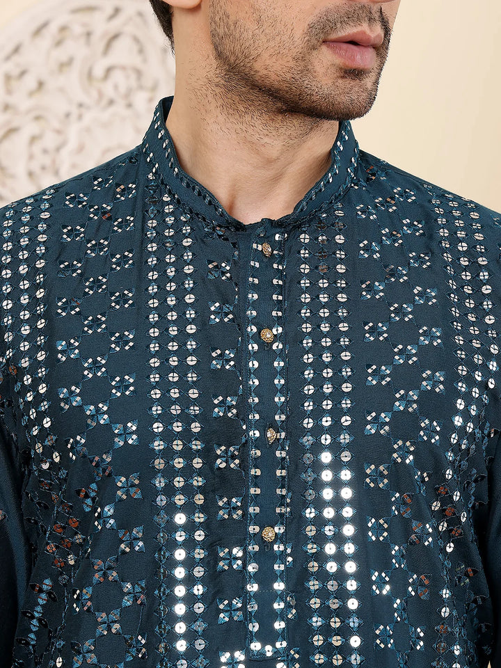 Men's Dark Blue Straight Viscose Silk Kurta with Embroidered Neckline and Motifs,Off White solid trouser style churidar