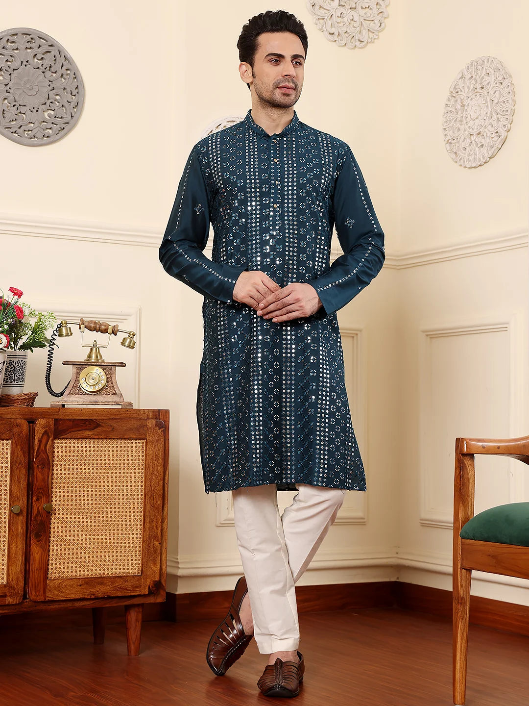 Men's Dark Blue Straight Viscose Silk Kurta with Embroidered Neckline and Motifs,Off White solid trouser style churidar