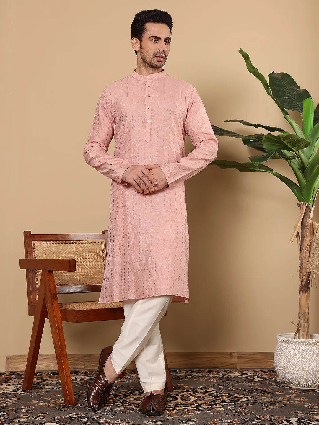 Men's Pink Straight Viscose Silk kurta with Textured Effect,Off White solid trouser style churidar