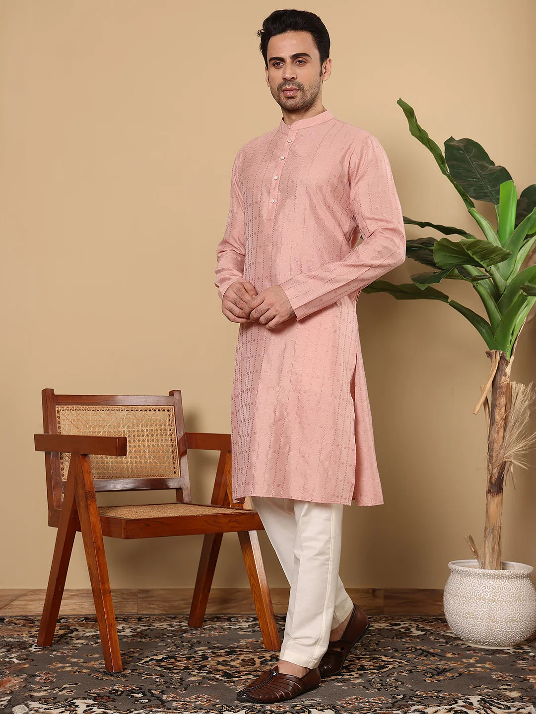 Men's Pink Straight Viscose Silk kurta with Textured Effect,Off White solid trouser style churidar