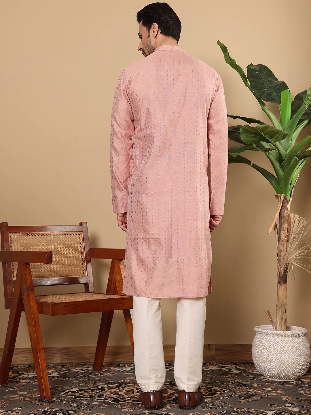 Men's Pink Straight Viscose Silk kurta with Textured Effect,Off White solid trouser style churidar