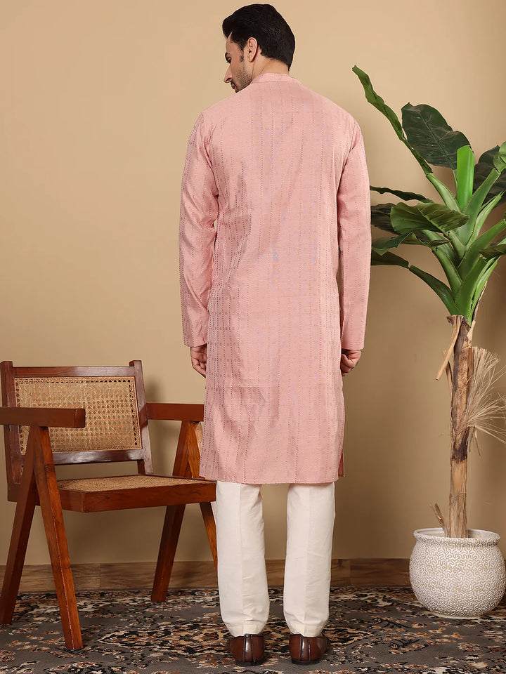 Men's Pink Straight Viscose Silk kurta with Textured Effect,Off White solid trouser style churidar