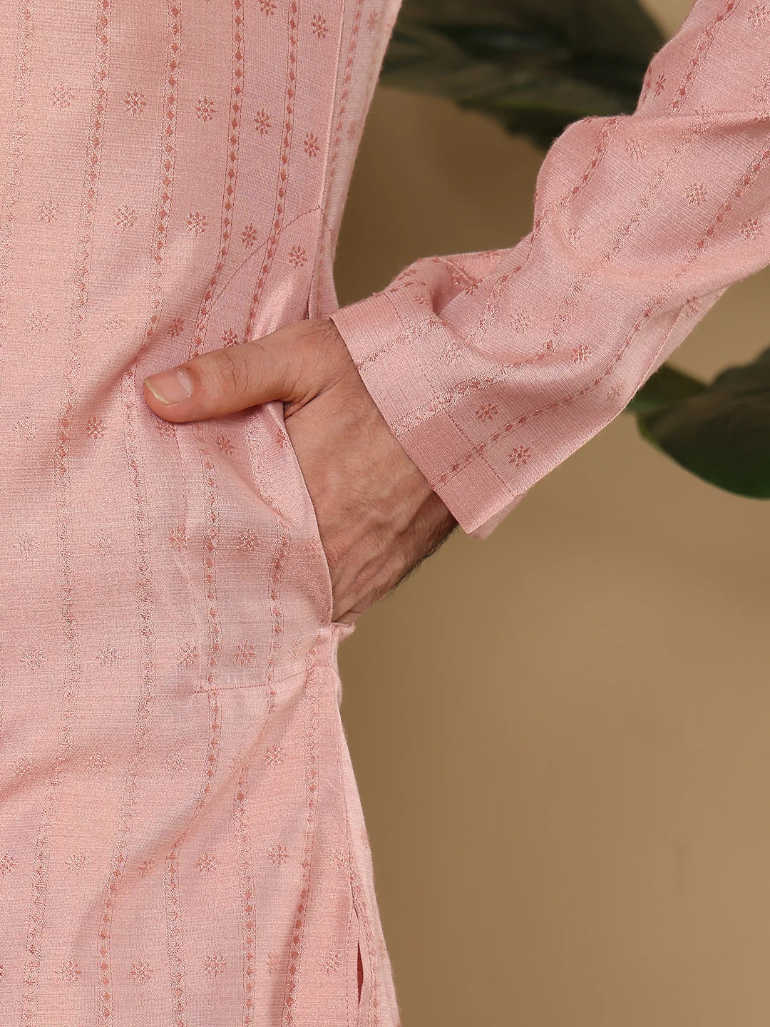 Men's Pink Straight Viscose Silk kurta with Textured Effect,Off White solid trouser style churidar