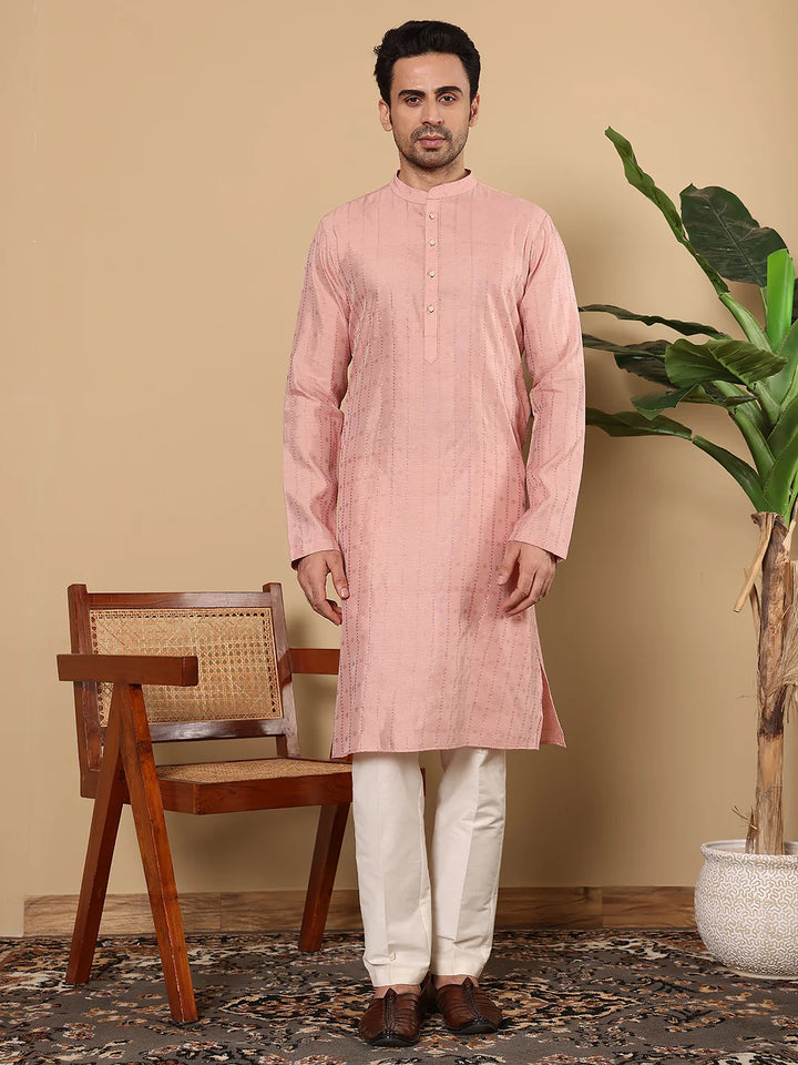 Men's Pink Straight Viscose Silk kurta with Textured Effect,Off White solid trouser style churidar