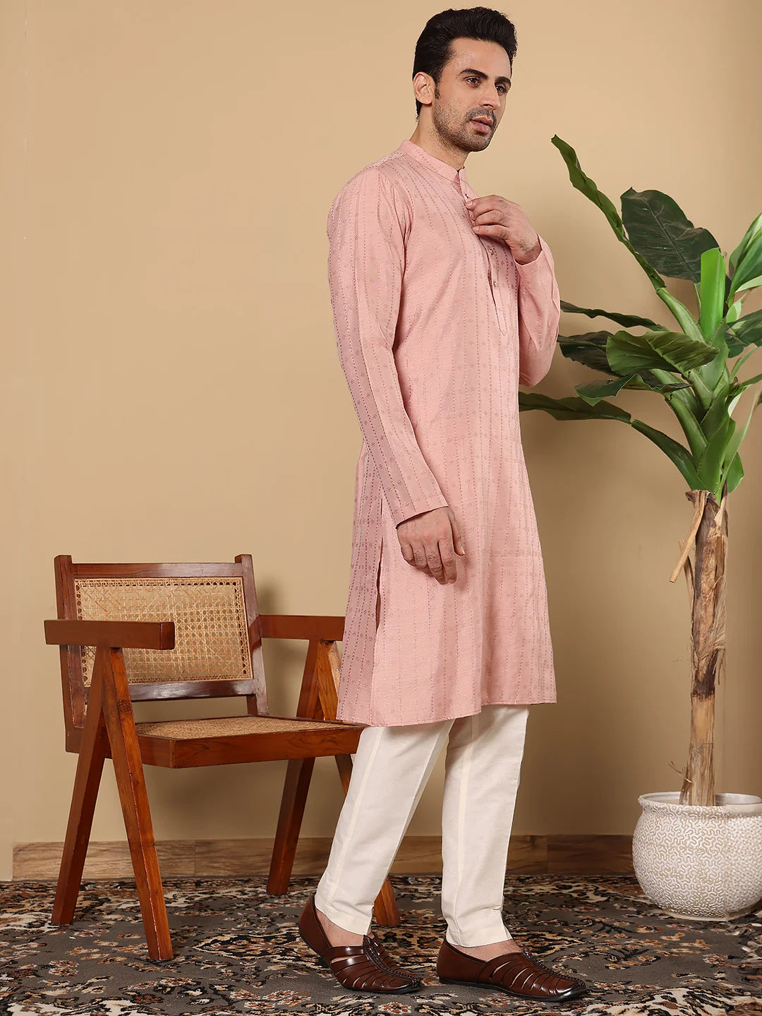 Men's Pink Straight Viscose Silk kurta with Textured Effect,Off White solid trouser style churidar