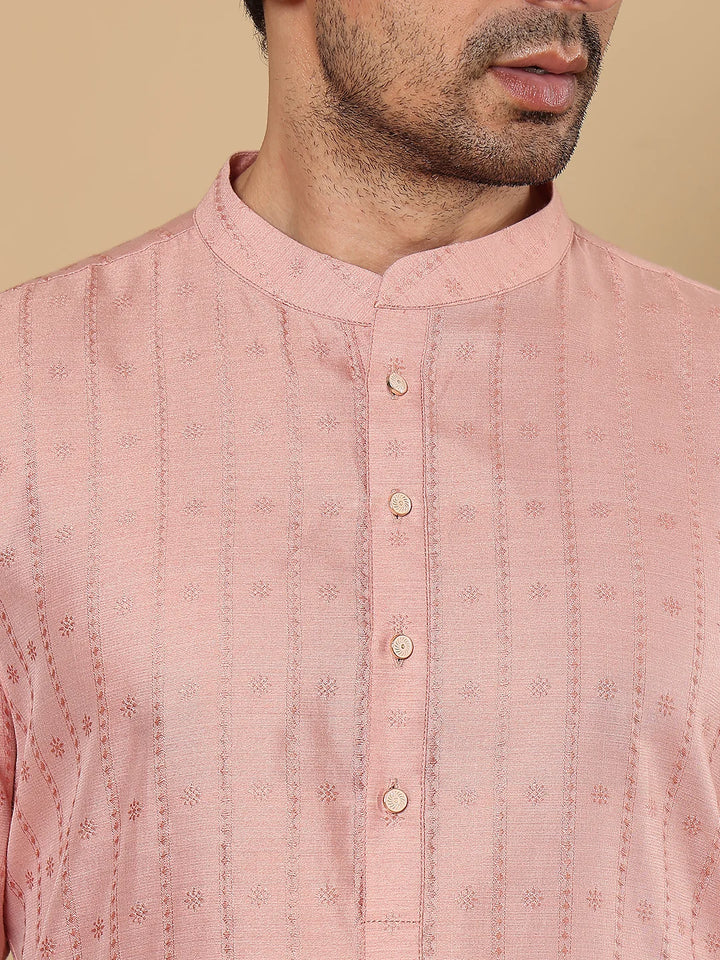 Men's Pink Straight Viscose Silk kurta with Textured Effect,Off White solid trouser style churidar