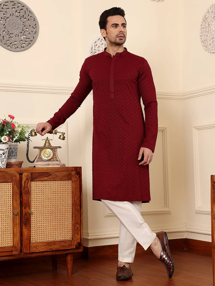 Men's Rayon Silk Straight Classic Red Chikankari Kurta,Cream solid trouser style churidar