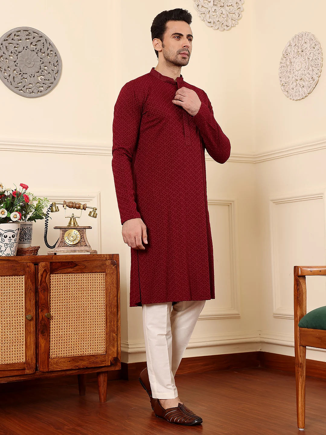 Men's Rayon Silk Straight Classic Red Chikankari Kurta,Cream solid trouser style churidar