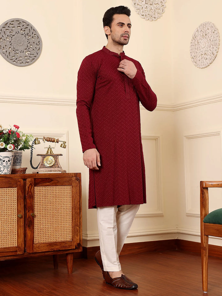 Men's Rayon Silk Straight Classic Red Chikankari Kurta,Cream solid trouser style churidar