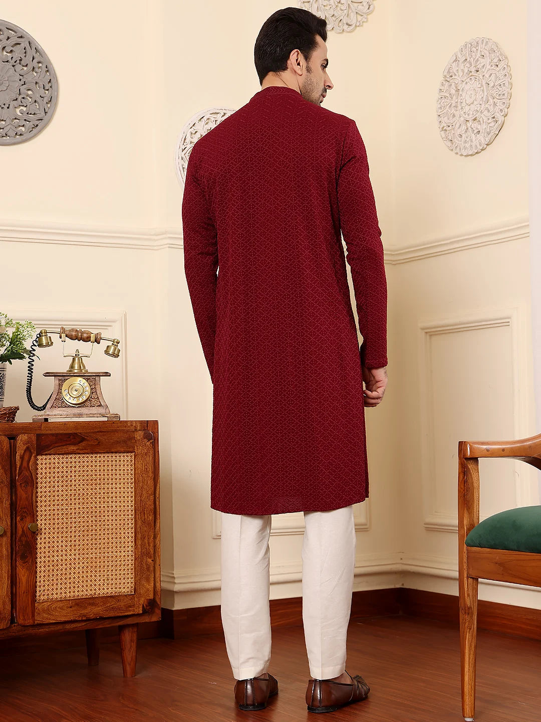 Men's Rayon Silk Straight Classic Red Chikankari Kurta,Cream solid trouser style churidar