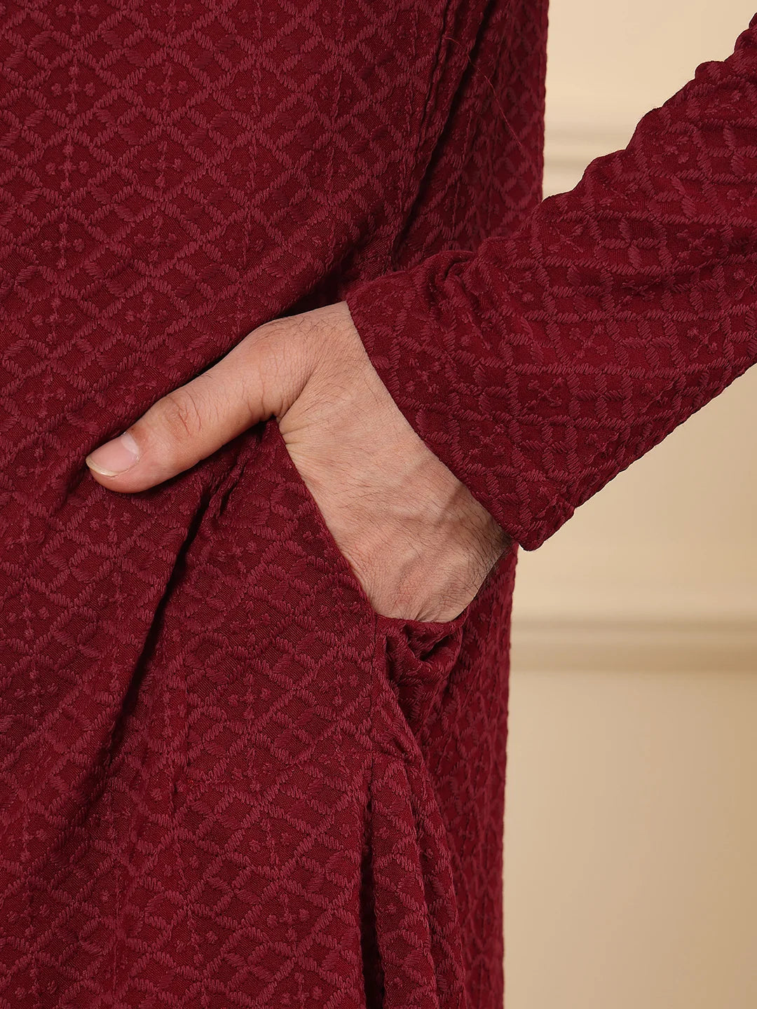 Men's Rayon Silk Straight Classic Red Chikankari Kurta,Cream solid trouser style churidar