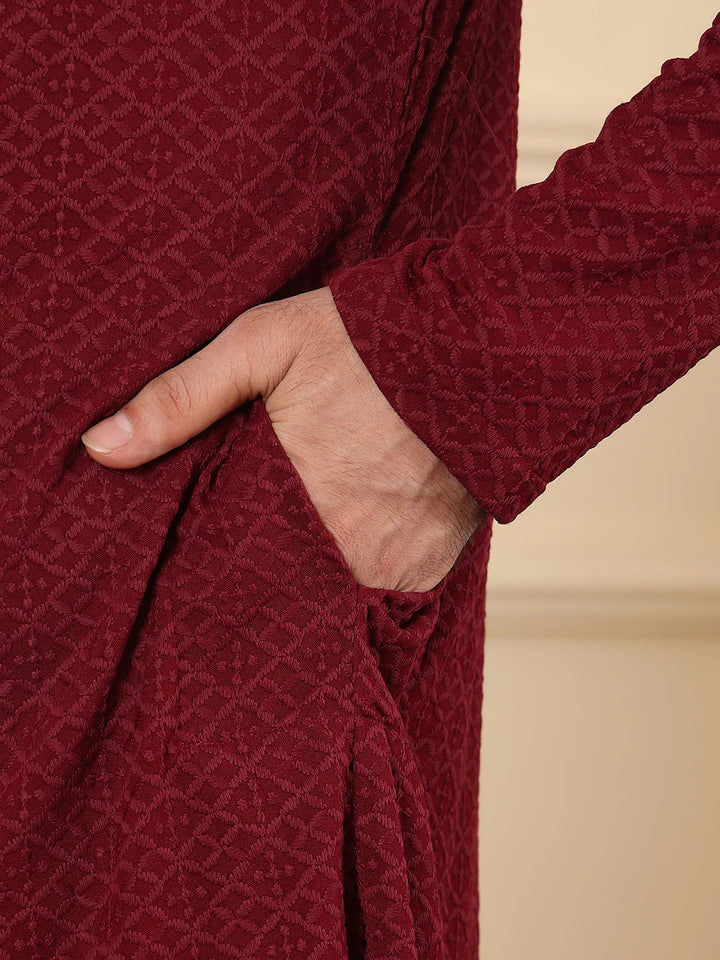 Men's Rayon Silk Straight Classic Red Chikankari Kurta,Cream solid trouser style churidar