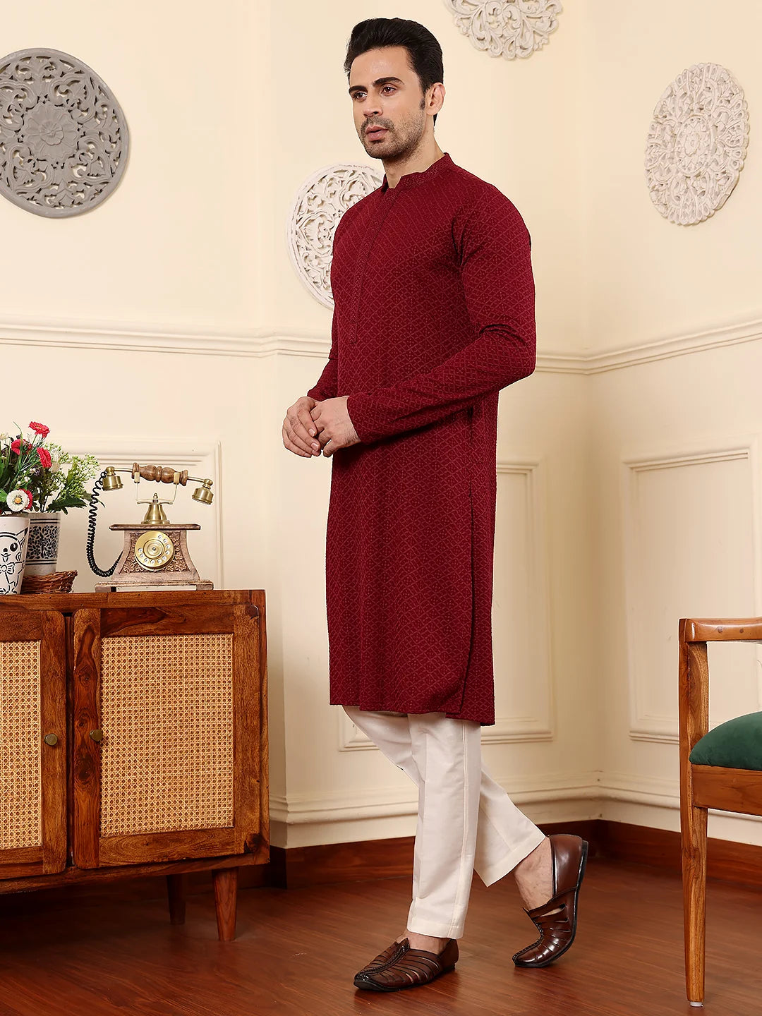 Men's Rayon Silk Straight Classic Red Chikankari Kurta,Cream solid trouser style churidar
