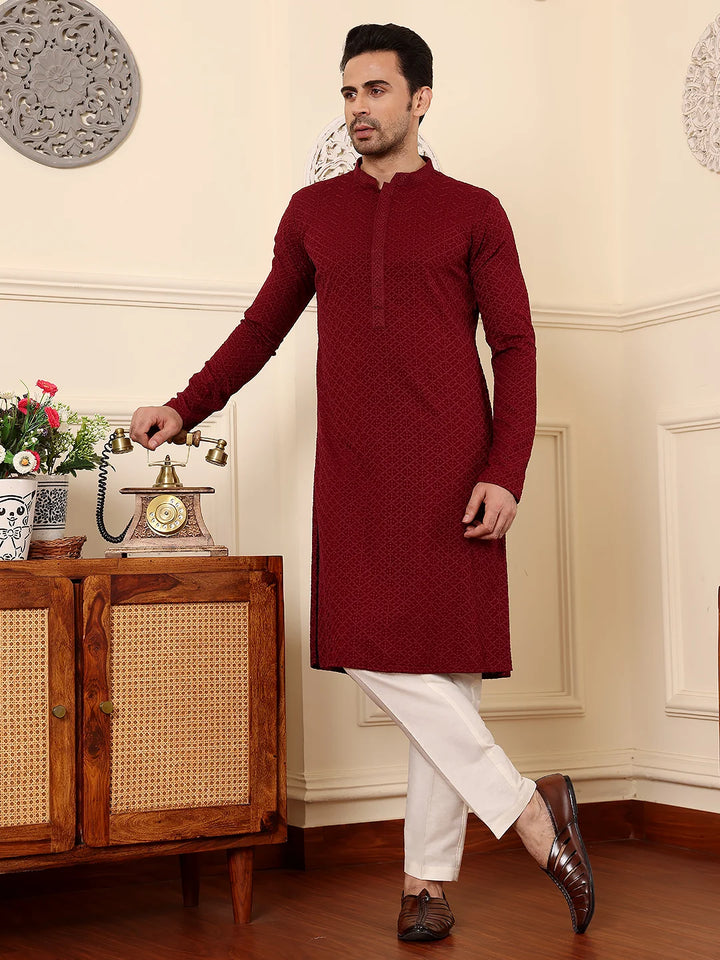 Men's Rayon Silk Straight Classic Red Chikankari Kurta,Cream solid trouser style churidar