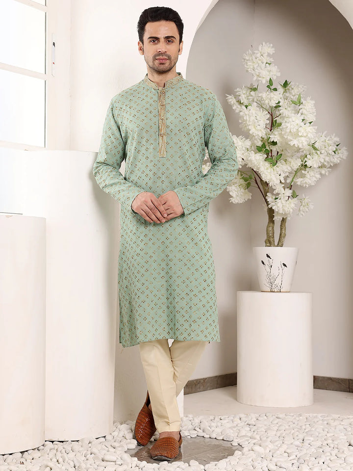Men's Elegant Sea Green Straight Cotton Kurta with Embroidery,Cream Solid Trouser Style Churidar