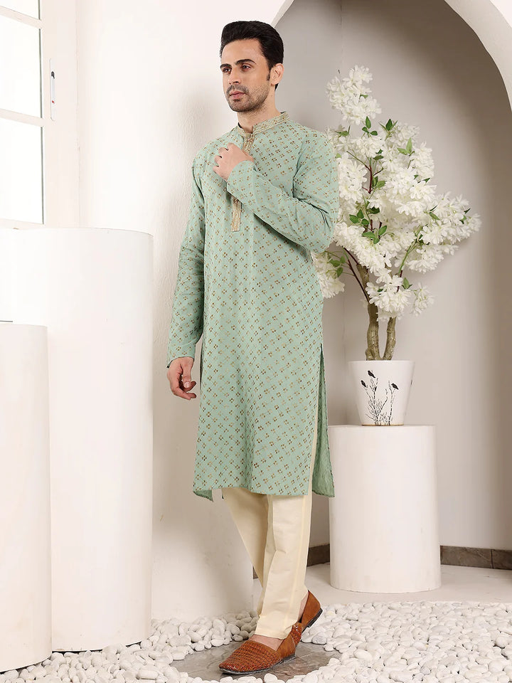 Men's Elegant Sea Green Straight Cotton Kurta with Embroidery,Cream Solid Trouser Style Churidar