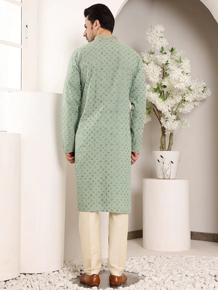 Men's Elegant Sea Green Straight Cotton Kurta with Embroidery,Cream Solid Trouser Style Churidar