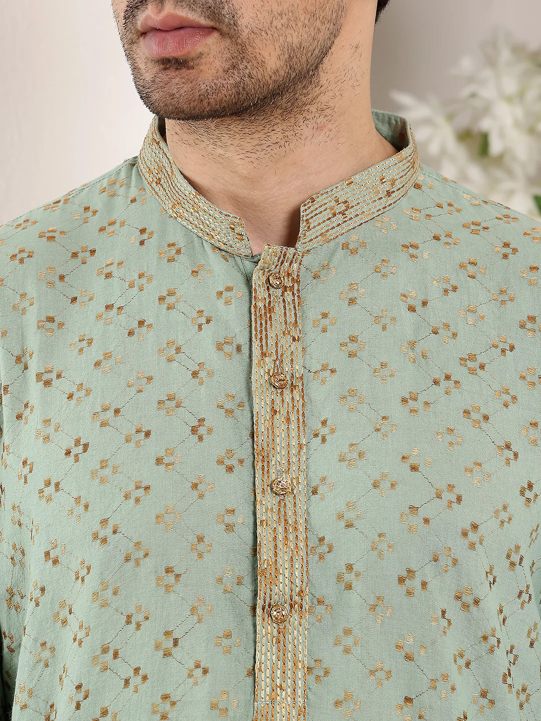 Men's Elegant Sea Green Straight Cotton Kurta with Embroidery,Cream Solid Trouser Style Churidar
