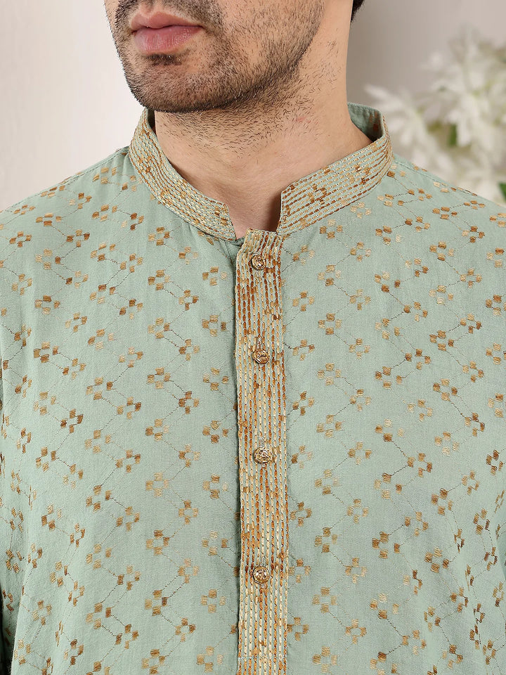 Men's Elegant Sea Green Straight Cotton Kurta with Embroidery,Cream Solid Trouser Style Churidar