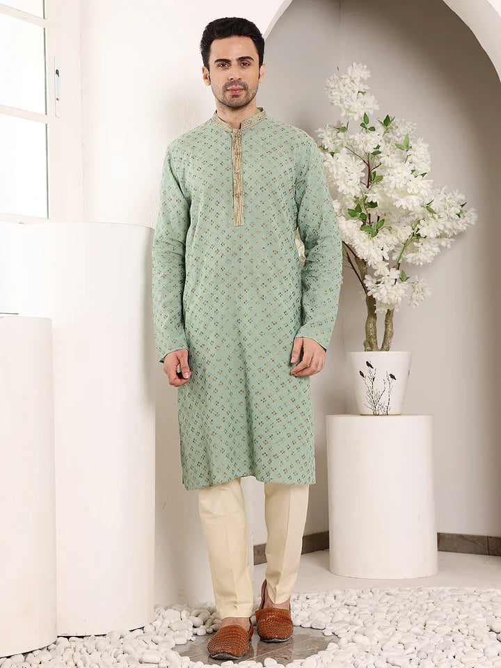 Men's Elegant Sea Green Straight Cotton Kurta with Embroidery,Cream Solid Trouser Style Churidar