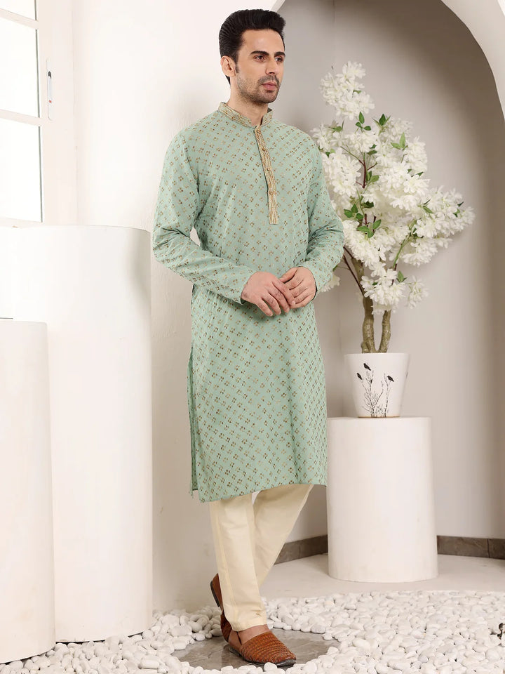 Men's Elegant Sea Green Straight Cotton Kurta with Embroidery,Cream Solid Trouser Style Churidar