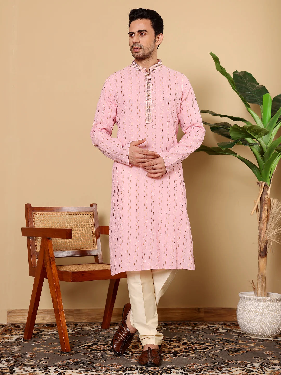 Men's Elegant Pink Straight Cotton Kurta with Embroidery,Cream solid trouser style churidar