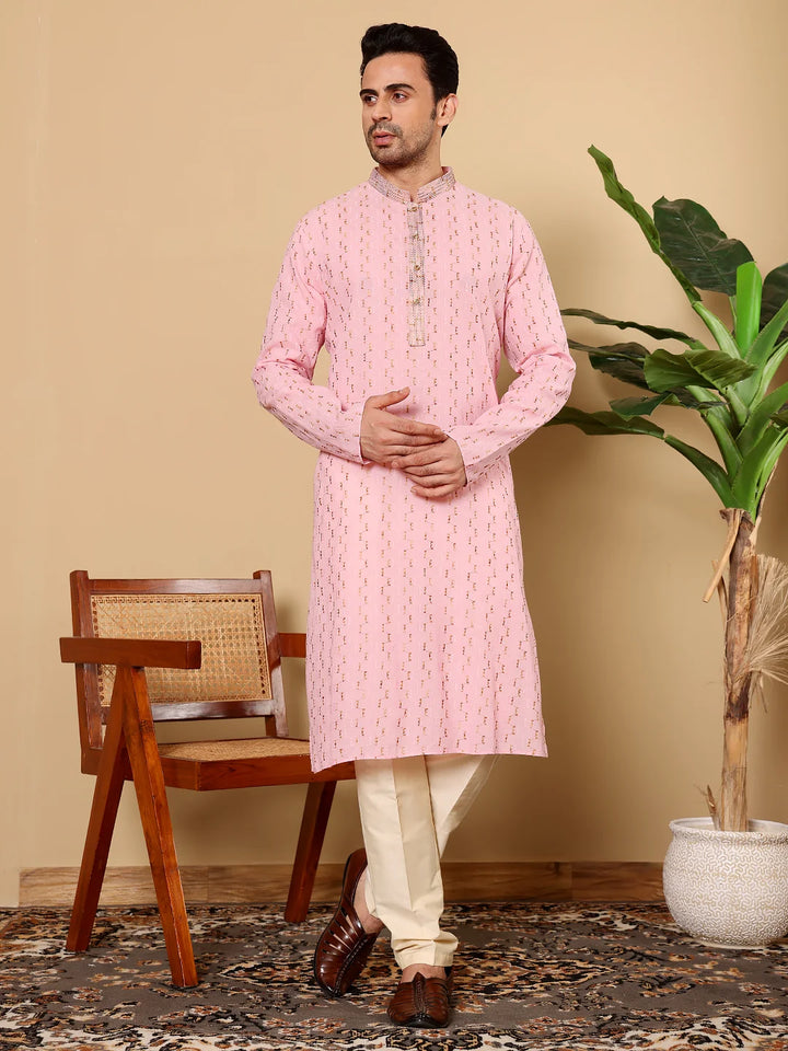 Men's Elegant Pink Straight Cotton Kurta with Embroidery,Cream solid trouser style churidar
