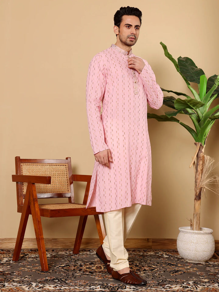 Men's Elegant Pink Straight Cotton Kurta with Embroidery,Cream solid trouser style churidar