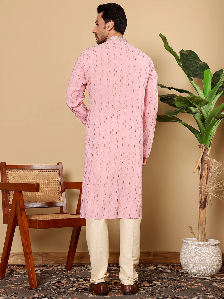 Men's Elegant Pink Straight Cotton Kurta with Embroidery,Cream solid trouser style churidar