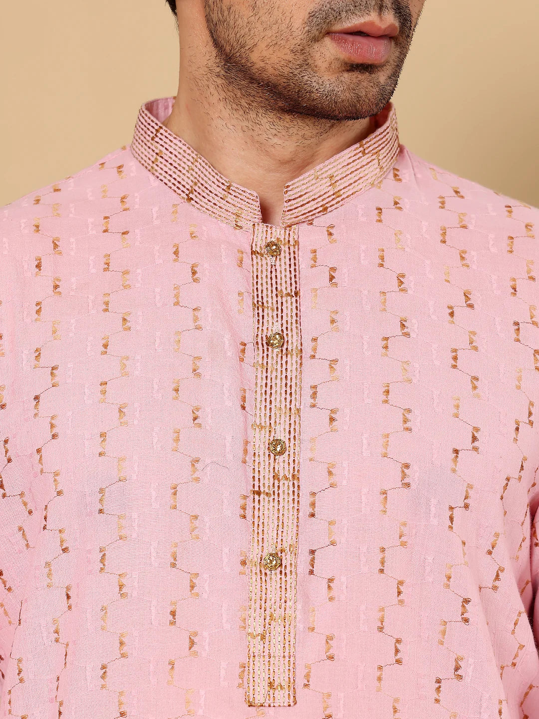 Men's Elegant Pink Straight Cotton Kurta with Embroidery,Cream solid trouser style churidar