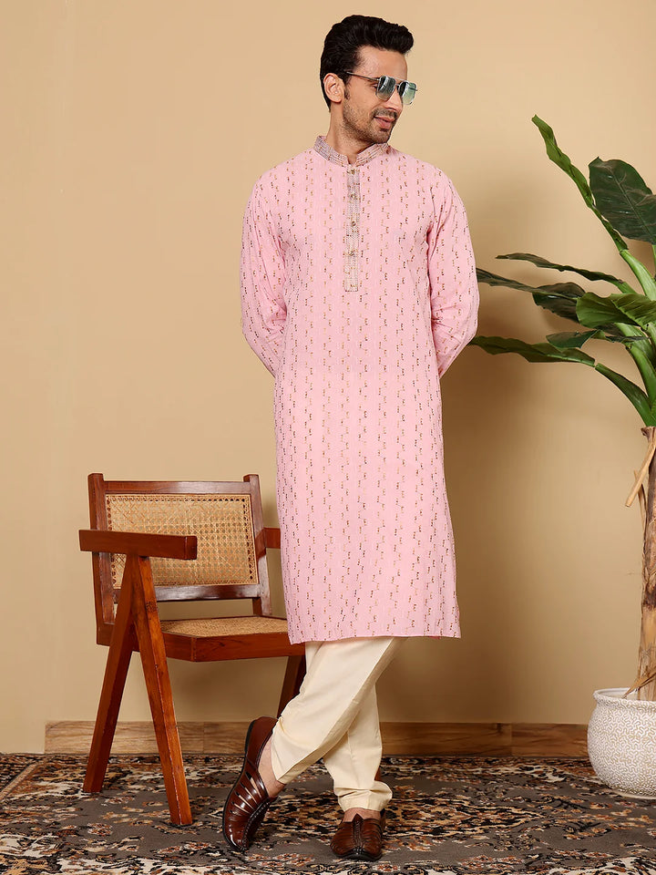 Men's Elegant Pink Straight Cotton Kurta with Embroidery,Cream solid trouser style churidar