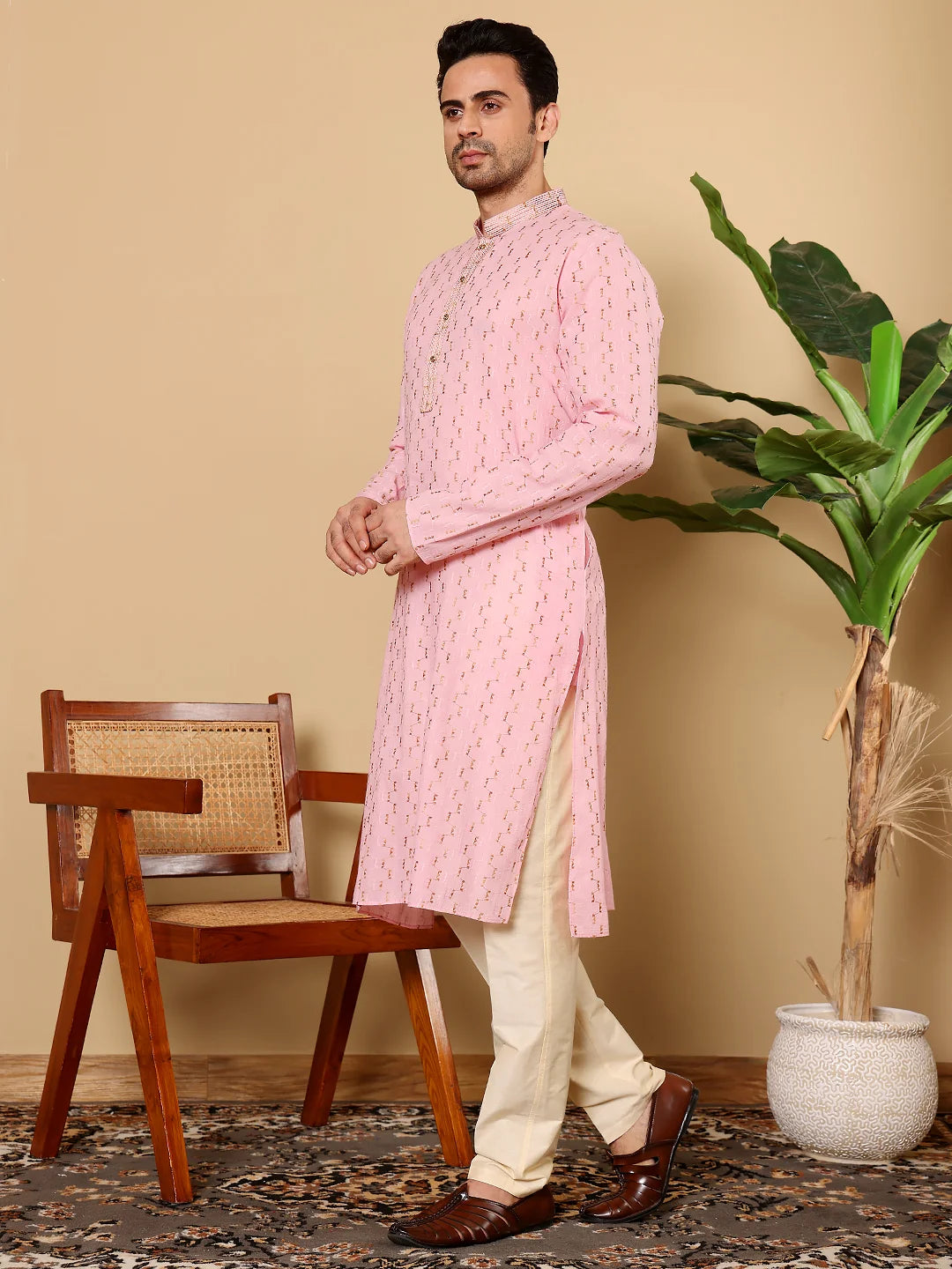 Men's Elegant Pink Straight Cotton Kurta with Embroidery,Cream solid trouser style churidar