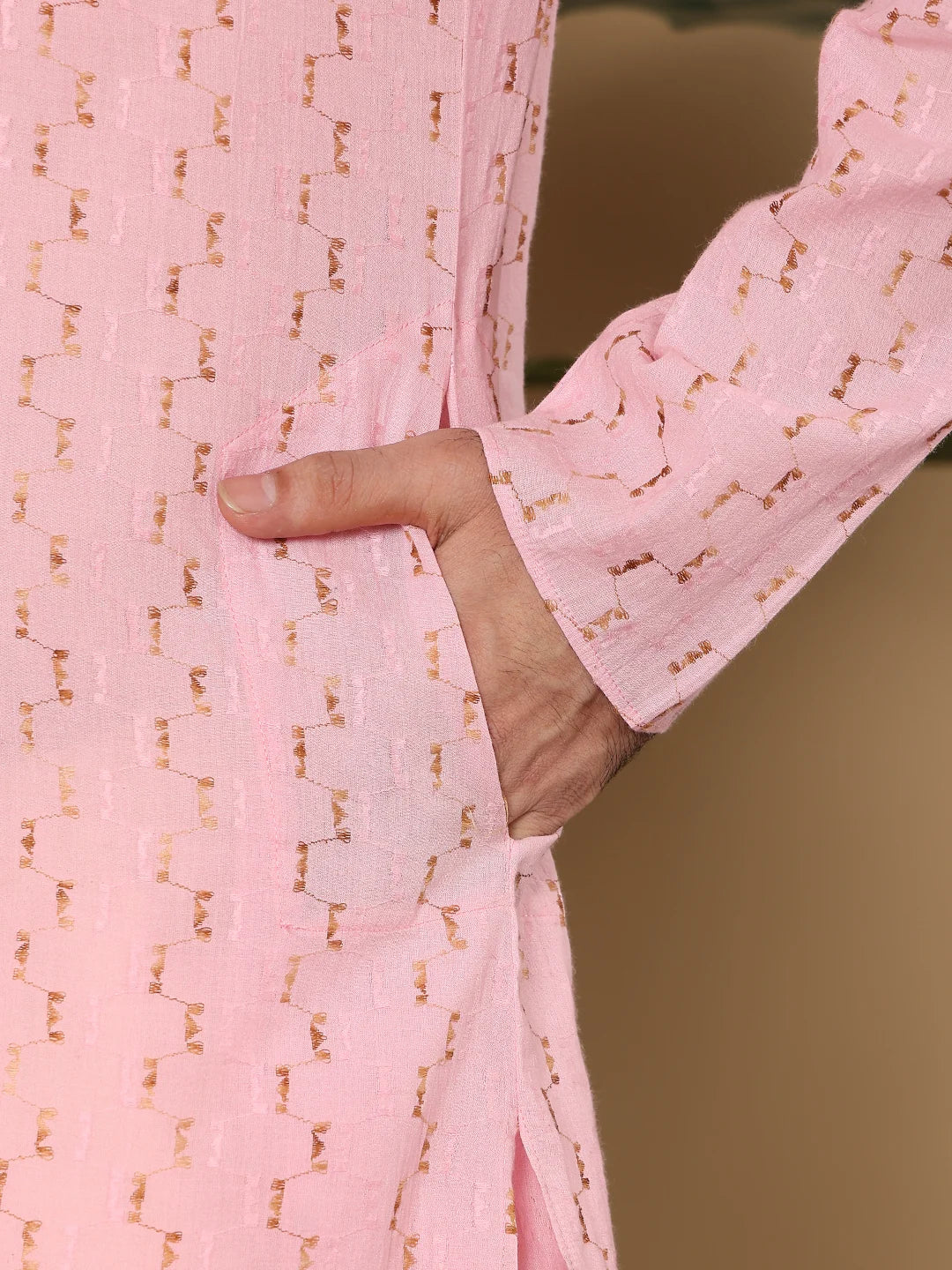 Men's Elegant Pink Straight Cotton Kurta with Embroidery,Cream solid trouser style churidar