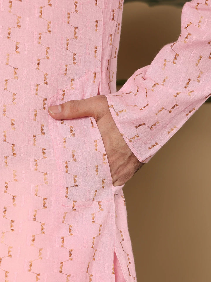 Men's Elegant Pink Straight Cotton Kurta with Embroidery,Cream solid trouser style churidar