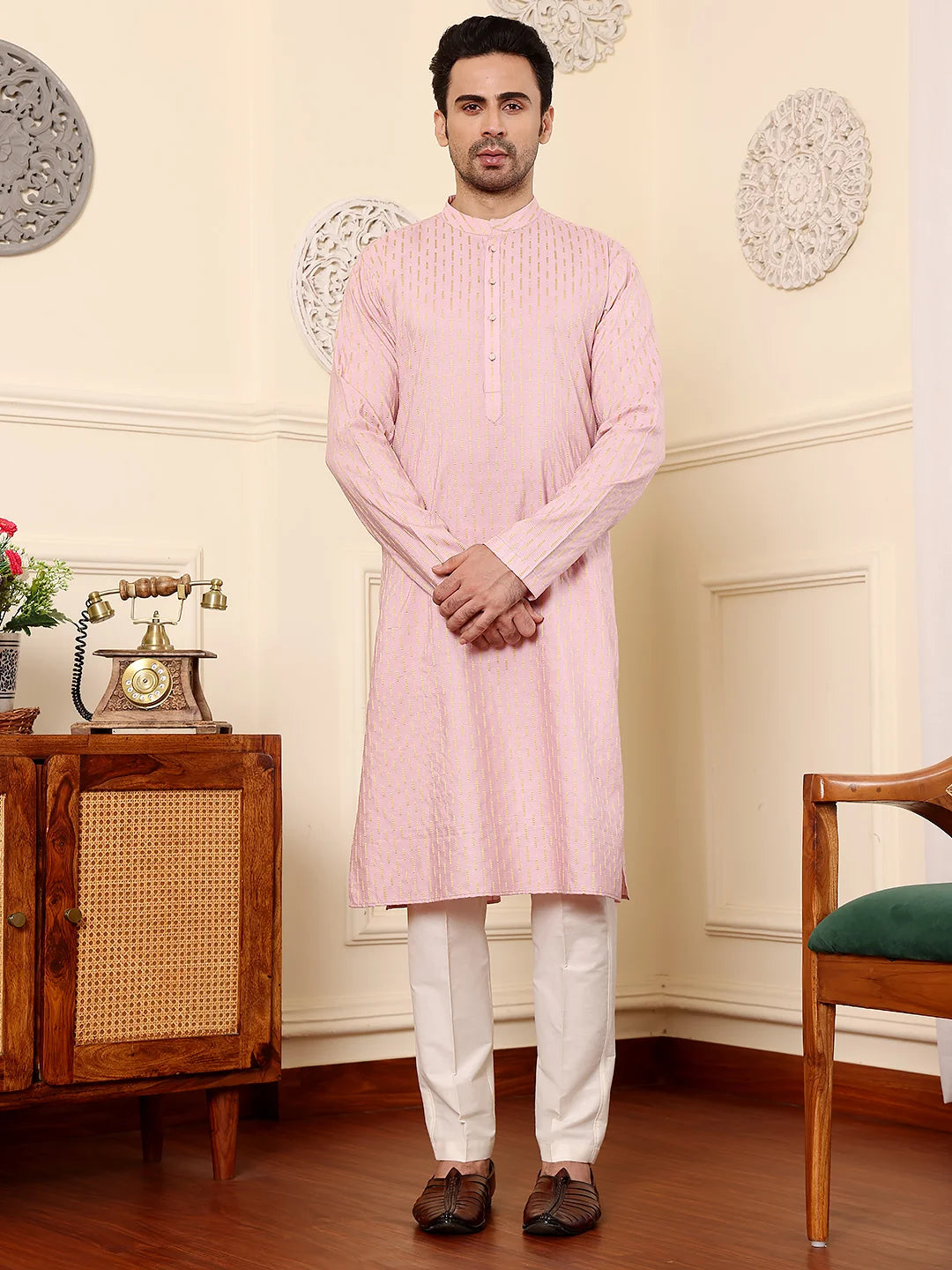 Men's Pink Straight Viscose Silk Kurta with Embroidered Neckline and Motifs,Off White solid trouser style churidar