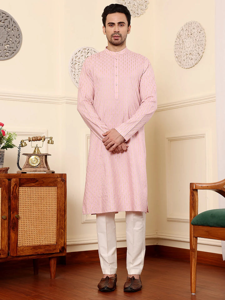 Men's Pink Straight Viscose Silk Kurta with Embroidered Neckline and Motifs,Off White solid trouser style churidar