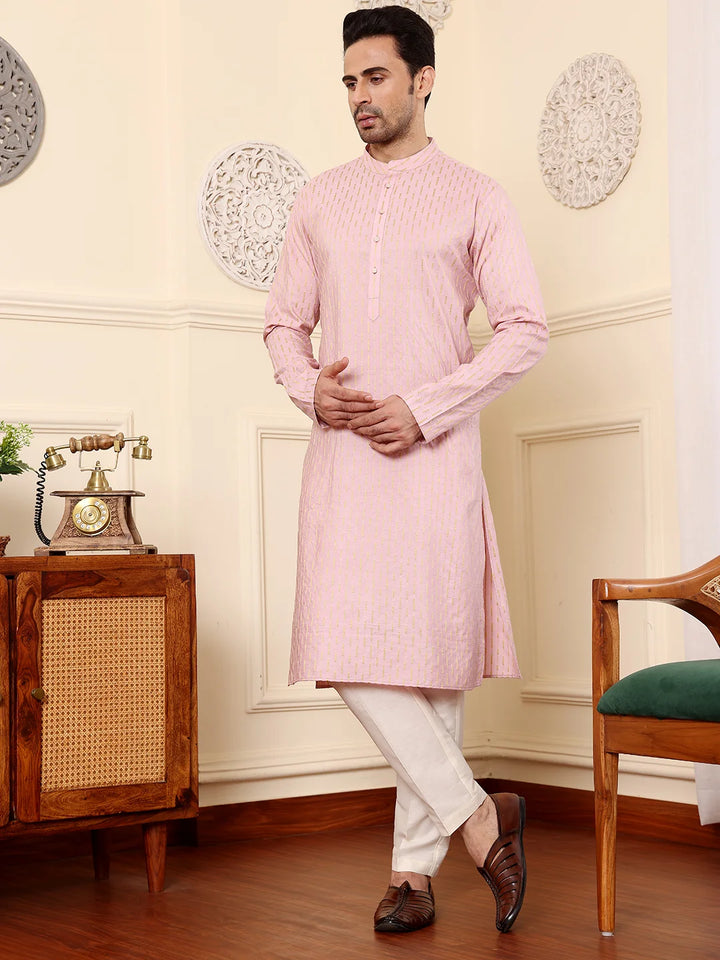 Men's Pink Straight Viscose Silk Kurta with Embroidered Neckline and Motifs,Off White solid trouser style churidar