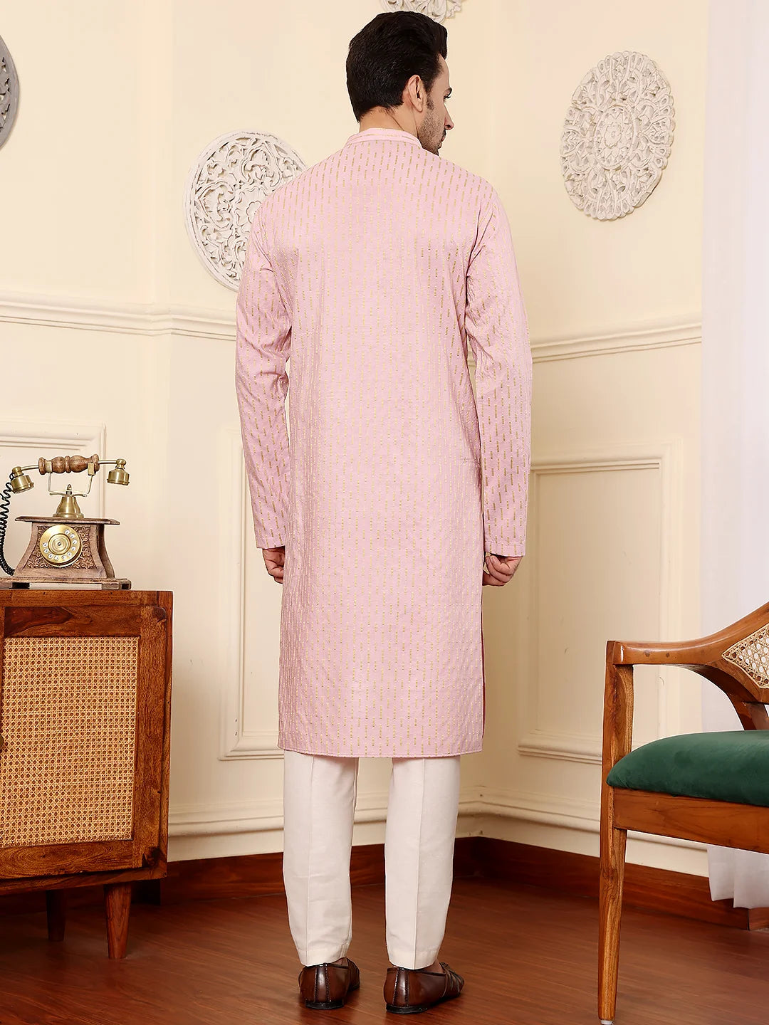 Men's Pink Straight Viscose Silk Kurta with Embroidered Neckline and Motifs,Off White solid trouser style churidar