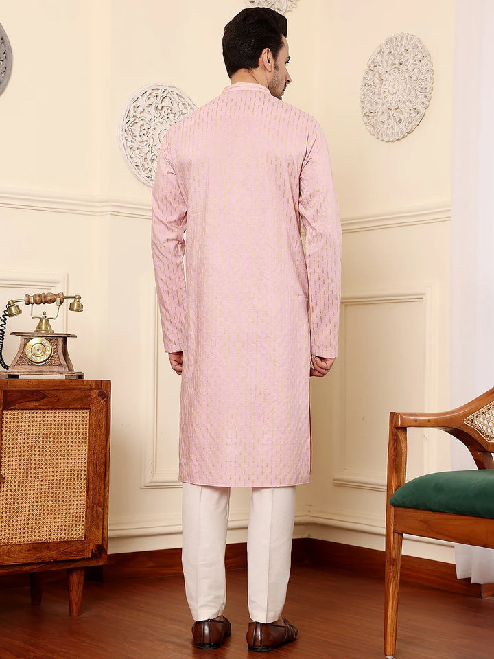 Men's Pink Straight Viscose Silk Kurta with Embroidered Neckline and Motifs,Off White solid trouser style churidar