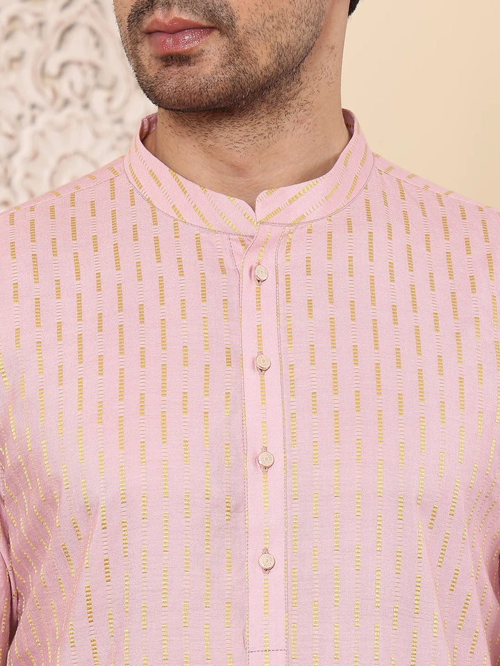 Men's Pink Straight Viscose Silk Kurta with Embroidered Neckline and Motifs,Off White solid trouser style churidar