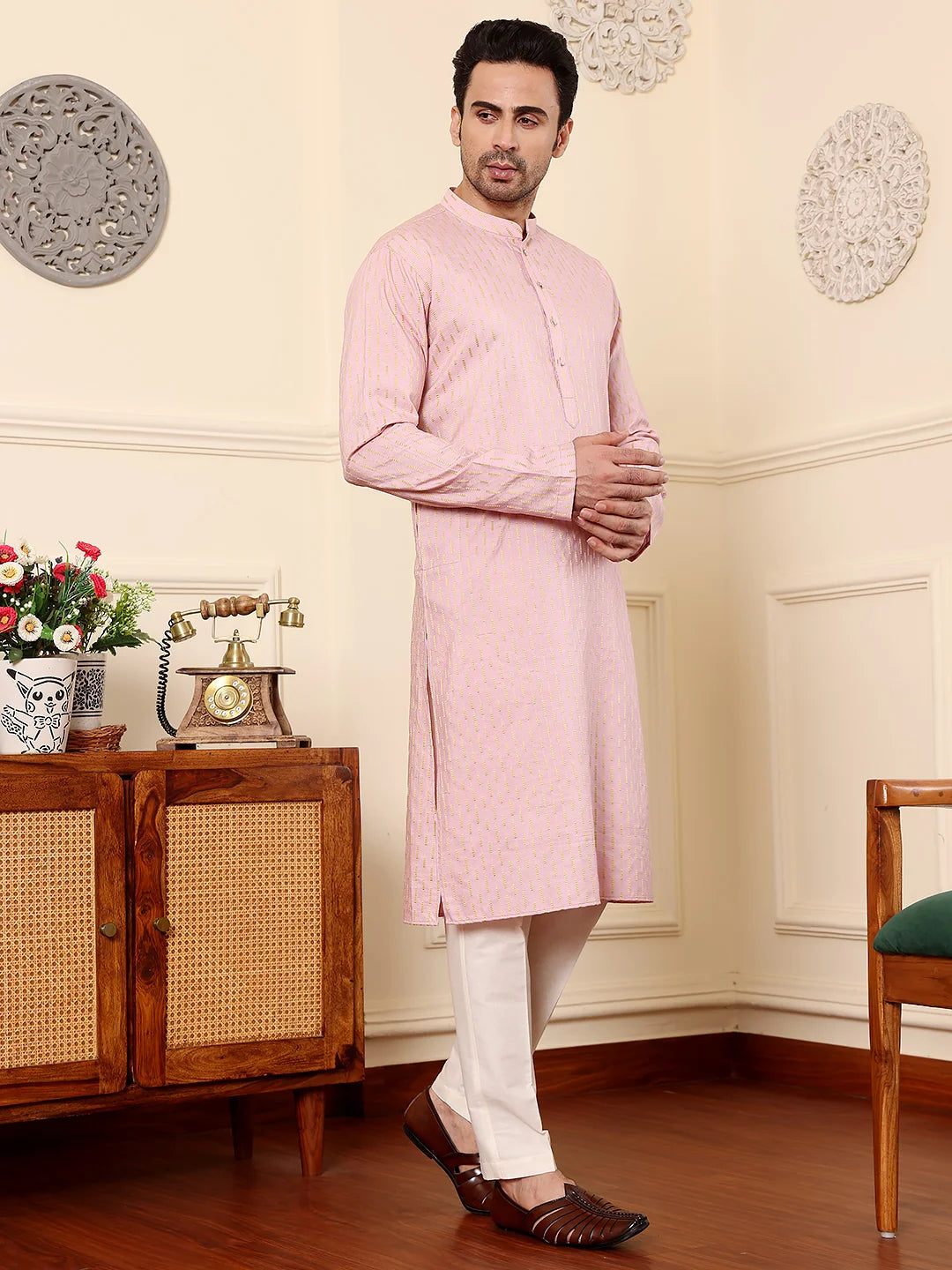 Men's Pink Straight Viscose Silk Kurta with Embroidered Neckline and Motifs,Off White solid trouser style churidar