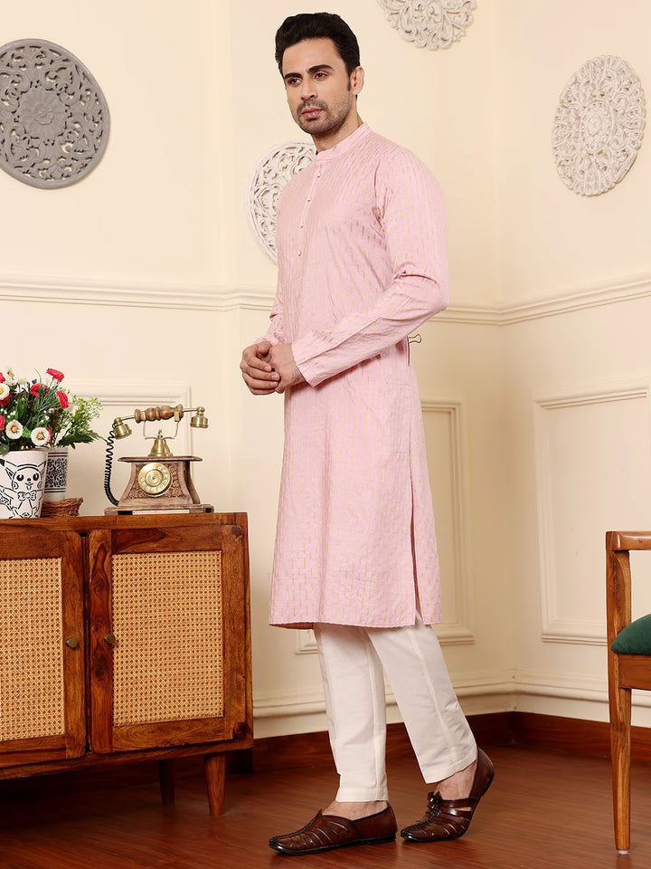 Men's Pink Straight Viscose Silk Kurta with Embroidered Neckline and Motifs,Off White solid trouser style churidar
