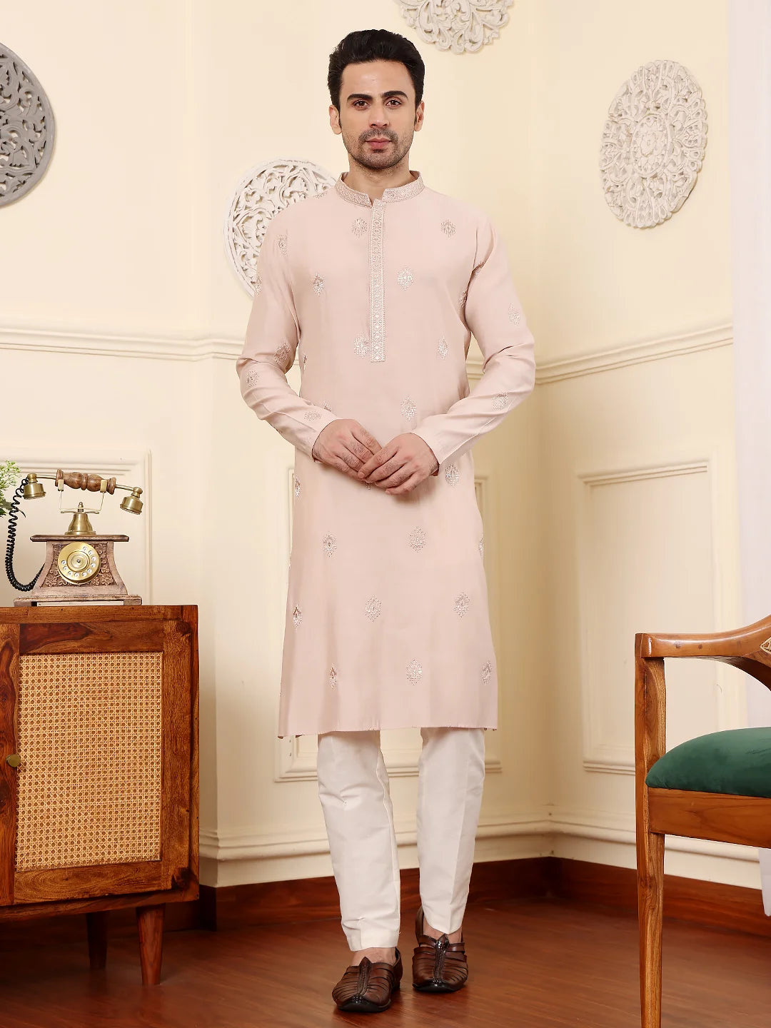 Men's Peach Straight Viscose Silk Kurta with Embroidered Neckline and Motifs,Off White solid trouser style churidar